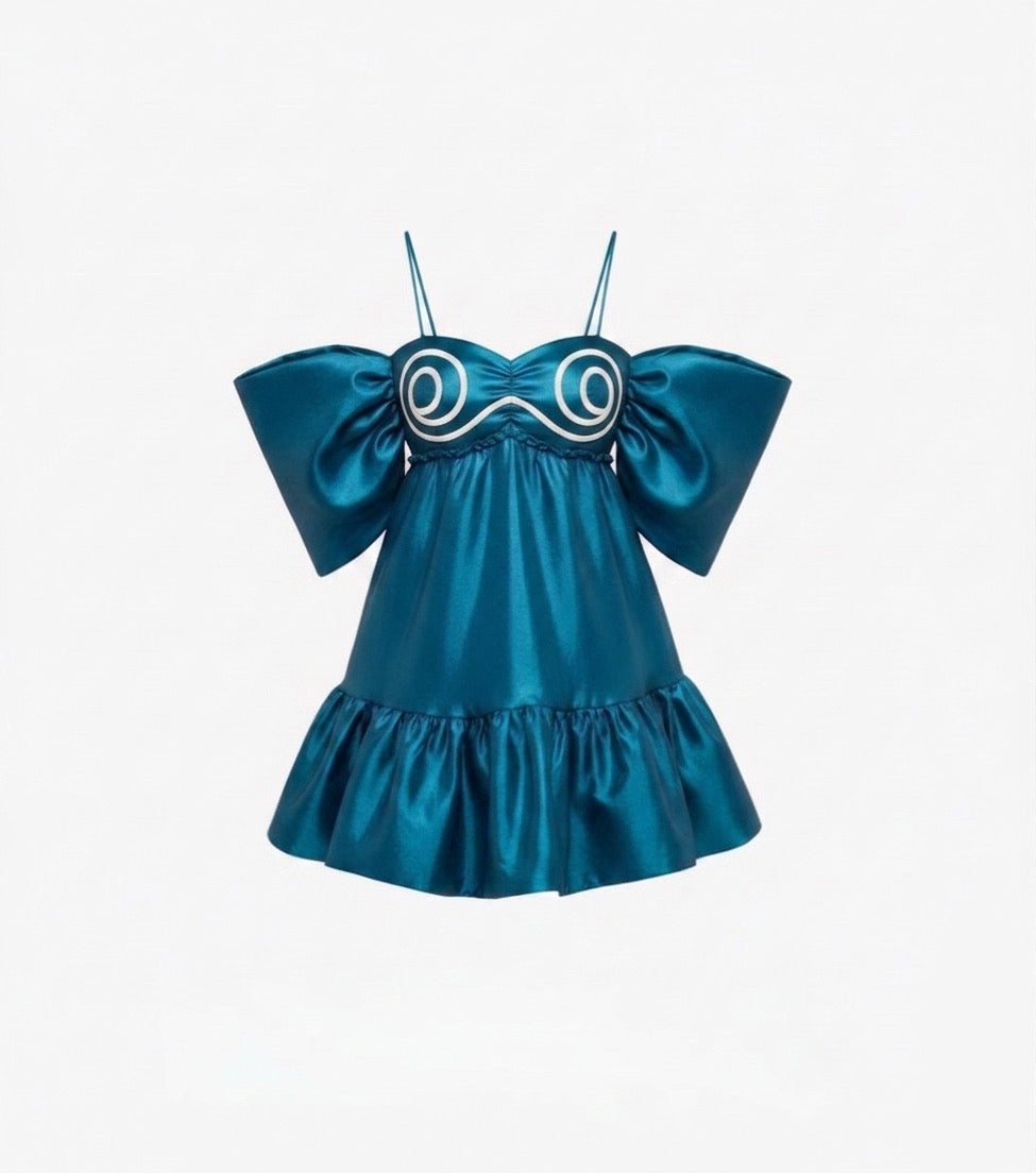 Lucca Dress turquesa minivestido corte imperio con mangas tipo lazo y detalle en busto