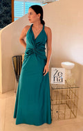Vestido Carinne verde en lycra con drapeado y escote profundo